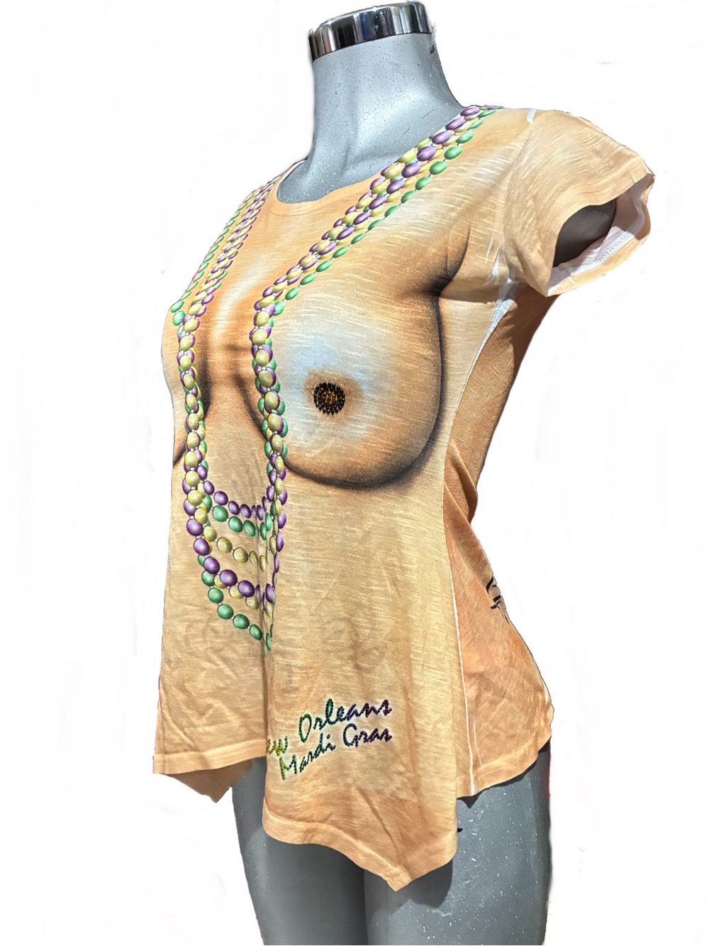 Desiree Collections NEW ORLEANS Mardi Gras Beads Nude T-Shirt Novelty Top Small